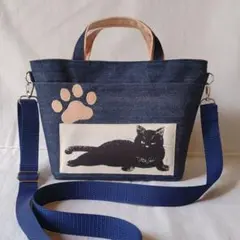 ハンドメイドデニムバッグ　猫柄バッグ 岡山デニム×ピンクベージュ