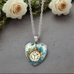 【大人気】レディースファッションハート型青い花時計ネックレスおしゃれ