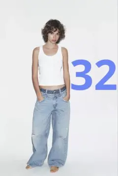 ZARA】ザラ 32 TRFミッドライズ折り返しデニムパンツ ダメージデニム