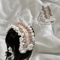 【 現品限り 】 編み物 かぎ針編み ヘッドドレス フリル チェック ピンク 白