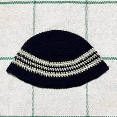 ハンドメイド クロシェハット クラッシャーハット バケットハット 黒/アイボリー