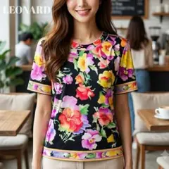 a158【美品】LEONARDレオナール 花柄カットソー ブラック 黒 Lサイズのサムネイル