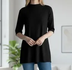 美品 ユニクロ トップス M 黒 五分袖 リブ編み シンプル 長め丈