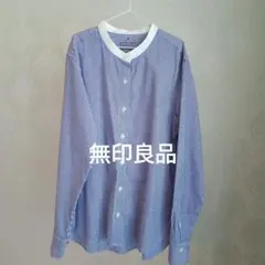 青と白のストライプ バンドカラーシャツ