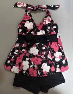 フラワープリント 体型カバー セパレート水着 黒/ピンク