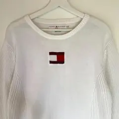 USA【トミーヒルフィガー】ニットセーター　白　ビッグロゴ　XL