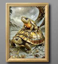 カエルの飛躍と安定の亀　開運グラフィックアート　額縁付き