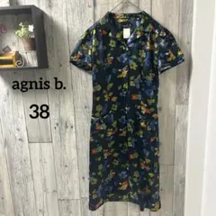 agnis b. フラワープリント シャツワンピース 38 ミモレ丈　ネイビー