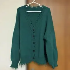 ダメージ加工 ニット カーディガン グリーン