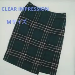 CLEAR IMPRESSION ひざ丈タイトスカート　チェック柄　M　深緑のサムネイル
