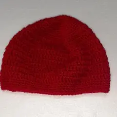 赤ニットキャップ　手編み　ハンドメイド　手作り