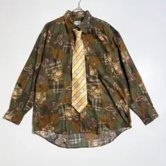 ネクタイシャツ 柄シャツ 総柄 ブラウン 系 花柄 長袖 シャツ メンズ 古着