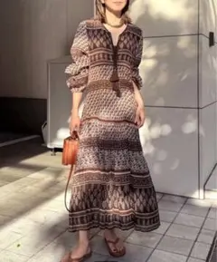 ソブ 豹柄 ロングワンピース レギュラーカラー 長袖 フリル 36