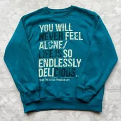 鮮やかターコイズ プリントスウェット 裏起毛 クルーネック L相当