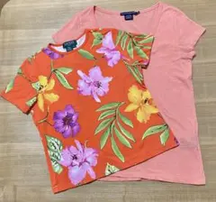 ラルフローレン オレンジ 花柄&無地+ポニー刺繍 カットソー S/M 2枚セット