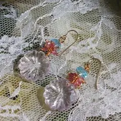 14kgf 天然石ピンクアメジスト　フラワーカット　ピアス　ハンドメイド