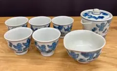 九谷焼　煎茶器揃え　日本茶器　茶道具　７点セット　青絵