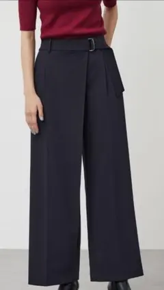 【新品試着のみ】ネイビー ワイドパンツ 　ストレッチレーヨンラップパンツ