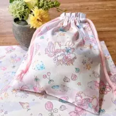 25x35 ユニコーン柄ピンク　給食ナフキン　ランチョンマット&給食袋セット