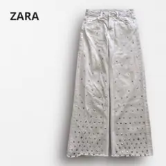 □6674【ZARA】スタッズ ワイドデニム 裾フリンジ カットオフ セミフレア