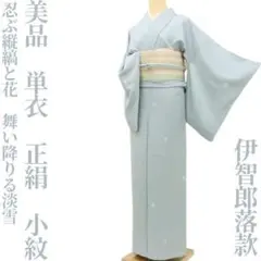 美品 単衣 伊智郎落款 正絹 着物“忍ぶ縦縞と花、舞い降りる淡雪”小紋 S-6