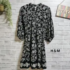 H＆M ベルテッドワンピース 花柄 美品 Aライン 大人可愛い 袖ボリューム M