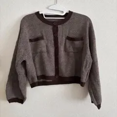 ブラウン ニットカーディガン ショート丈 ヘリンボーン