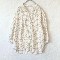 シャツ ブラウス トップス ７分袖 ノーカラー 花柄 総柄 綿混 ホワイト..