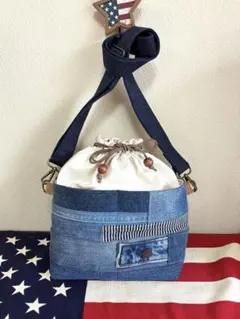 デニムリメイク☆巾着ショルダーバッグ・斜めがけバッグ！
