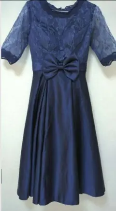 ネイビー レース袖 パーティードレス