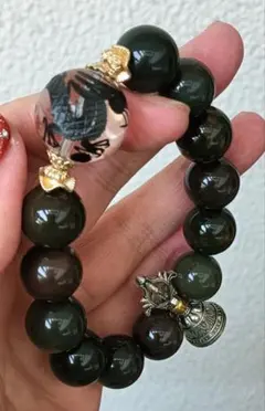 水晶黒皇帝龍彫りと高品質モスアゲート大玉のブレスレット内径約17センチ❤