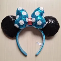 東京ディズニーリゾート　ミニーカチューシャ　水色ドット　スパンコールリボン