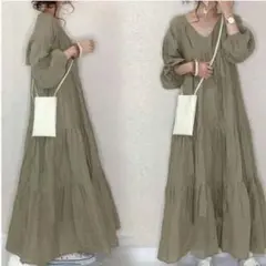 2L ロングワンピース Vネック ティアード ギャザー パフスリーブ 春 a1