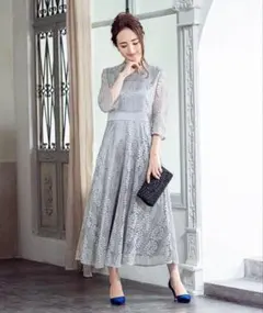 darial 総レースリーフモチーフアンクル丈ワンピースドレス グレー Sサイズ