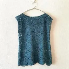 ☆【ハンドメイド】ベスト かぎ針レース編透け感有 クルーネック ノースリーブ F