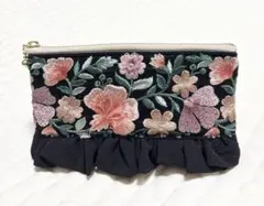 大人可愛い　インド刺繍リボン　ペンケース　ハンドメイド　合皮　ブラック　ポーチ