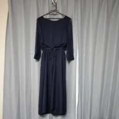 ネイビー マキシドレス 透け感レース袖