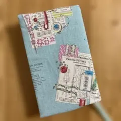 新書判用　YUWA ライトブルー　ソーイング柄ブックカバー☆ハンドメイド