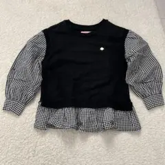 フリル付き長袖カットソー 黒と白チェック