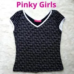 Pinky Girls ロゴ総柄 Vネック 半袖 カットソー　チビT シャツ　黒のサムネイル