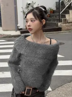 グレー オフショルシャギーニットセーター Fサイズ