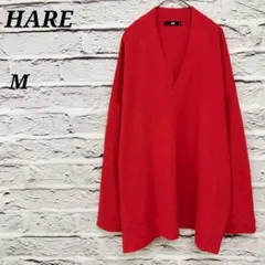 ハレ✩M Vネック長袖セーター ウール混 ゆったり プルオーバー無地 レッド