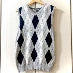 90s methodアーガイル グレー Vネックニットベスト コットン 綿(L)