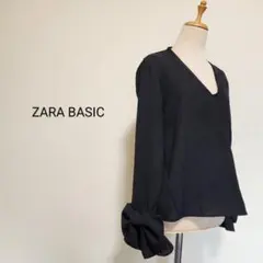 ZARA BASIC ,袖口リボンモチーフ付きVネックブラウス 黒 海外S