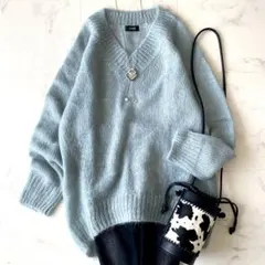極美品☆レサージュ ふんわり モヘア Vネックニット チュニック 水色