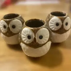 梟　ふくろう 爪楊枝立て　入れ物　3個セット 陶器 小物入れ　置物