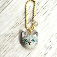 サバトラ猫♡オーブン陶土キーホルダー★チャーム★お守り天然石付き♡