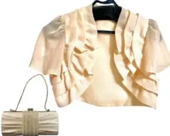 ベージュ フリル付き シフォンカーディガン 半袖 パーティーバッグセット