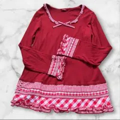 PINK HOUSE ピコフリル　レースリボン　ギンガムチェック　赤　チュニック