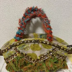 多色 フリンジ ビーズ装飾 かごバッグ